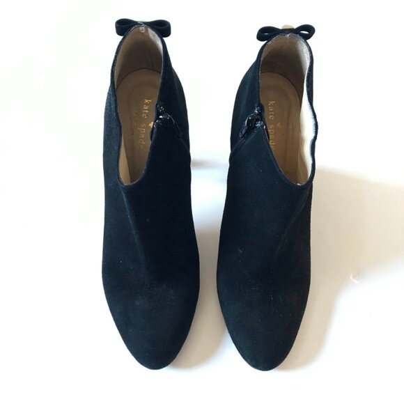 Kate Spade NY Suede Boots Booties Heels Womens 10 Black Side Zip Rear Gold Bow - Picture 5 of 10